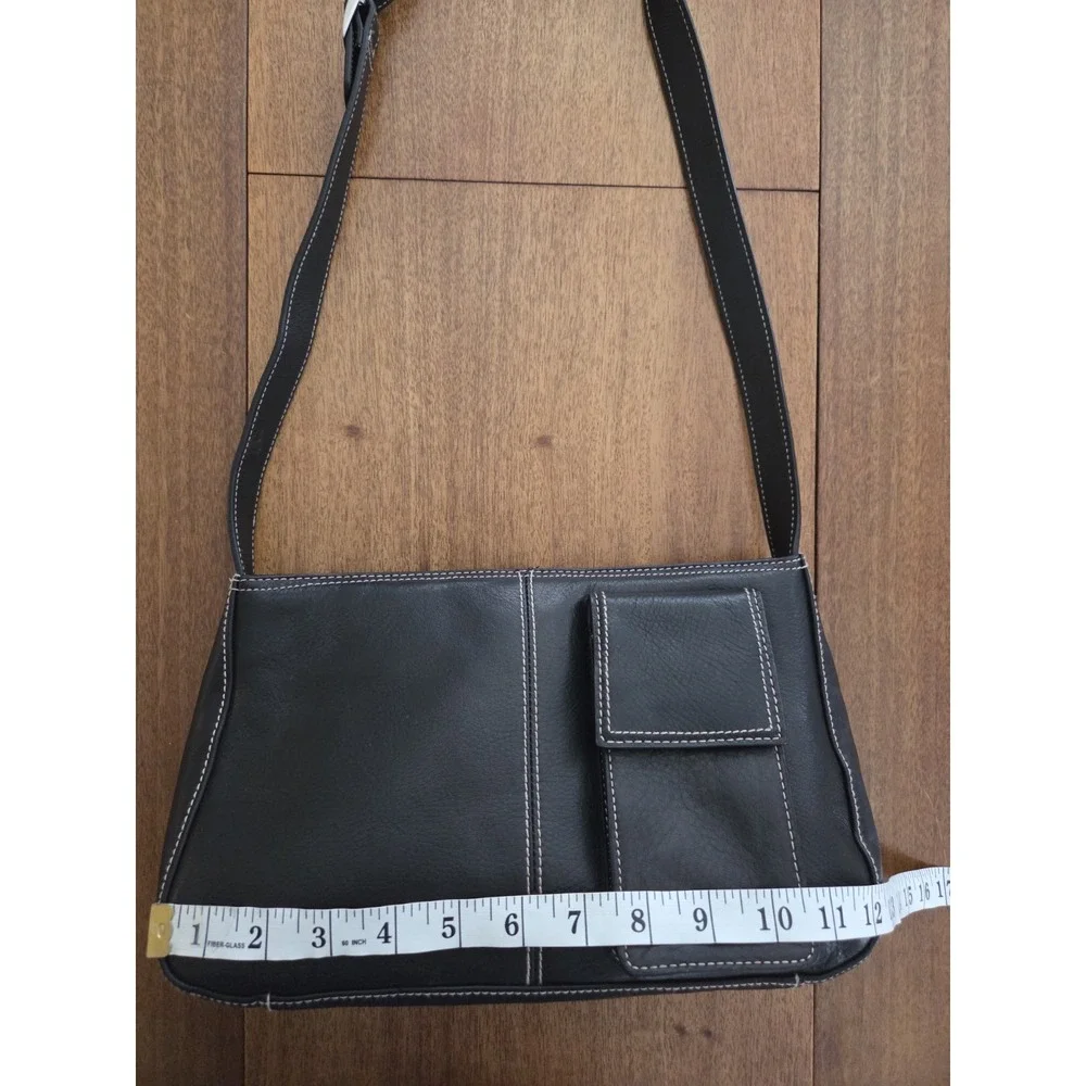 Vtg Preston & York Leather Crossbody Shoulder Purse Adjustable Blk Stitch Trim‎